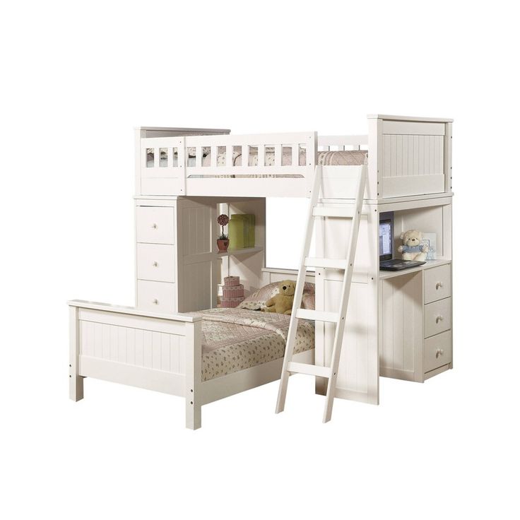 a white bunk bed sitting next to a dresser