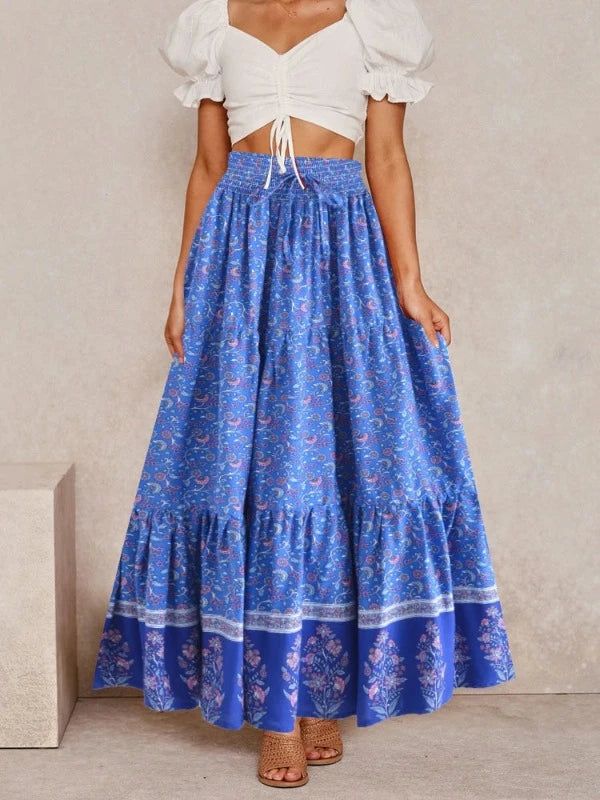 Item Types: Bohemian floral maxi skirt, high waist boho maxi skirt, long floral skirts for women, long floral summer skirtLength: Ankle-LengthFit Type: Loose FitSilhouette: A-LineWaistline: Elastic WaistPattern Type: FloralDetail: Lace-Up BowMaterial: CottonMaterial: Rayon