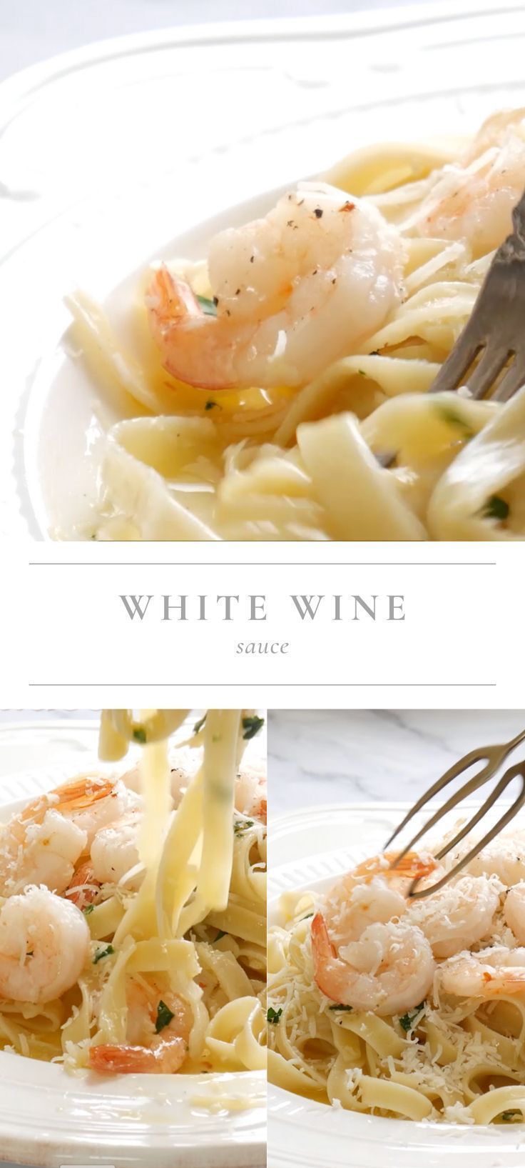 three different pictures of pasta with shrimp and white wine sauce on top, along with a fork in the middle