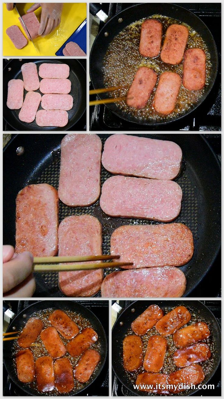 the process of making pork chopsticks in a skillet