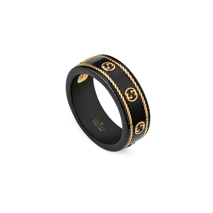 Style ‎606826 I0H11 8029The Icon collection reprises one of the House's most emblematic motifs for Cruise 2020. The Interlocking G, presented in yellow gold, contrasts against a black synthetic corundum band. A braided trim completes the style.18k yellow gold and black synthetic corundumInterlocking G.3" bandSize: 7.50Made in Italy New Zealand Jewellery, Versace Ring, Black Icon, Gucci Jewelry, Gold Rings Fashion, Diamond Supply, Icon Collection, 18k Yellow Gold Ring, Black Rings