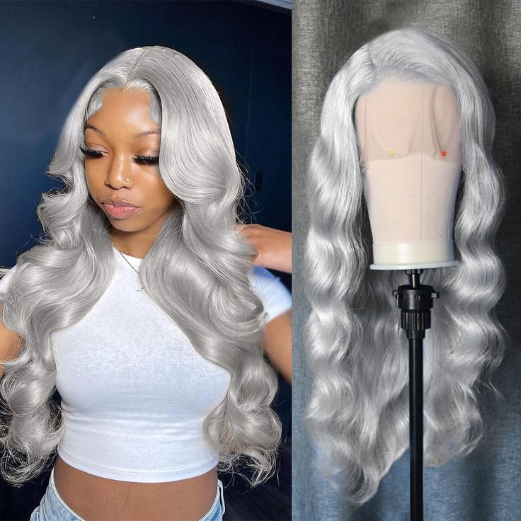 PRICES MAY VARY. Silver Grey Human Hair Material: Unprocessed Virgin Human Hair Wigs, 12A Grade Brazilian Virgin Human Hair for Black Women Cut From Young Girl. Soft and Clean ,Comfortable and Silky. Glueless Lace Closure Wigs Human Hair Without Any Synthetic and Animal Hair Mixed.Can Be Dyed 、Straightened and Curled, Bleached and Restyled As Your Own Hair 13x4 Lace Front Wigs:13x4 HD Transparent Lace, Soft ,Invisible, Breathable &Comfortable. Skin Melt Invisible HD Lace Front Wig. Natural Hairl Silver And Black Wigs For Black Women, Hd Full Lace Human Hair Wigs, Grey Long Wigs, Grey Middle Part Wig, Simple Wig Styles, Different Color Wigs Black Women, Grey Wig Black Women, Winter Wigs For Black Women, Lace Front Colored Wigs