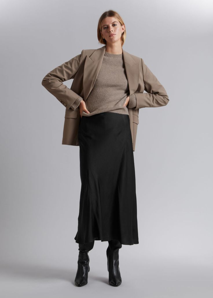 Satin midi skirt detailed with cutlines. Zipper closure at the side.Length of skirt: 85.5cm / 33.7" (EU 36 / UK 8 / US 4) Satin Midi Skirt, Black Midi Skirt, Midi Skirts, Fashion Story, Access Denied, Midi Skirt, Personal Style, Satin, Zipper