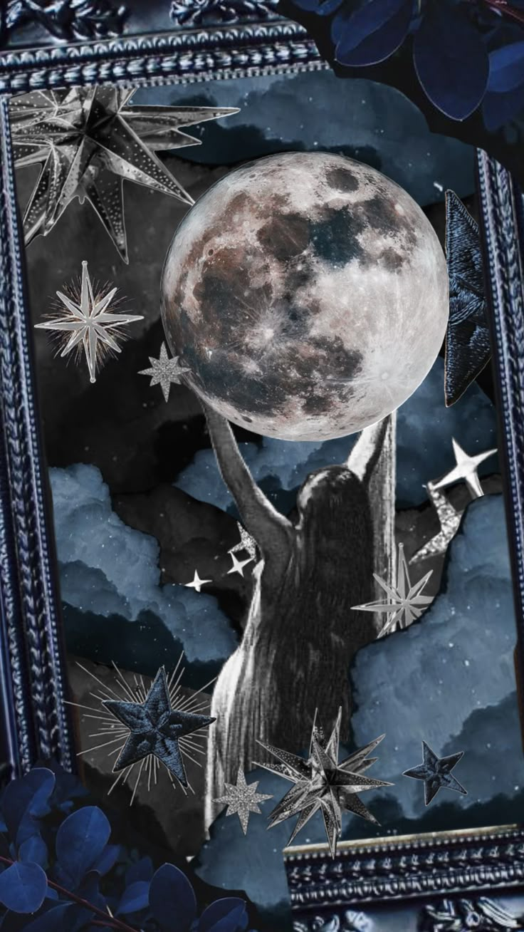 an altered photograph of a woman holding the moon in her hands with stars around it