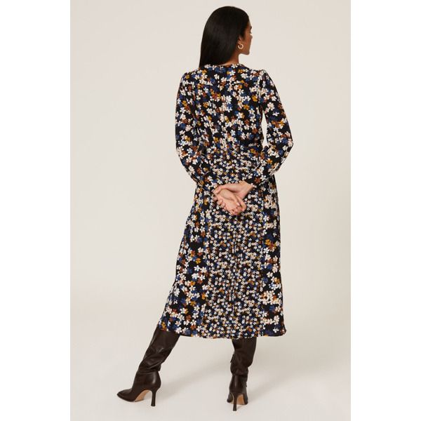 Blue floral crepe (100% Polyester). Hourglass. V-neck. Long sleeves. Back zipper closure. 50" from shoulder to hemline. Imported. Chic V-neck Floral Dress For Fall, Blue Floral Print Midi-length V-neck Dress, Blue Floral Print V-neck Midi Dress, Floral Print V-neck Dress For Fall, Fall Ditsy Floral Print V-neck Floral Dress, Elegant Ditsy Floral Print V-neck Midi Dress, Floral Print Viscose Maxi Dress For Workwear, Fall Fitted Floral Print V-neck Dress, Floral Print V-neck Midi Dress In Viscose