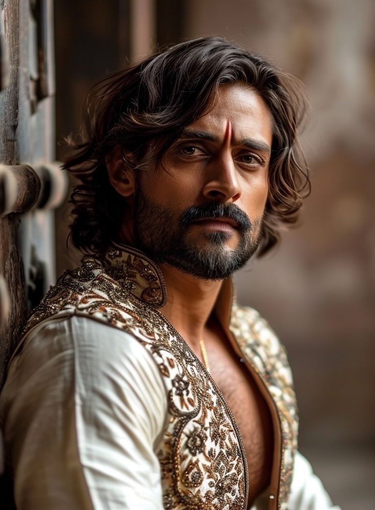 a man with long hair wearing a white and gold outfit standing next to a wall