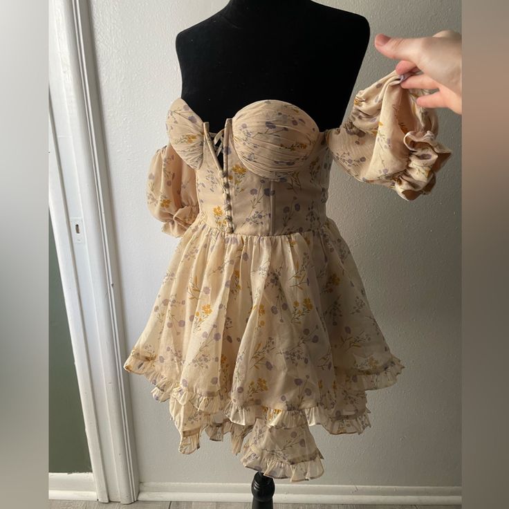 This Absolutely Adorable And Playful Dress Was Only Worn Once! She Still Has A Lot Of Life And Adventures In Her! Beautiful Floral Panel. Build In Corset And Breast Cups. Shoulders Can Be Worn Normally Or Down. Libra Rising, Sewing Ideas, Fairy Tale, Fairy Tales, Floral Pattern, Dress Outfits, Mini Dress, Womens Dresses, Sewing