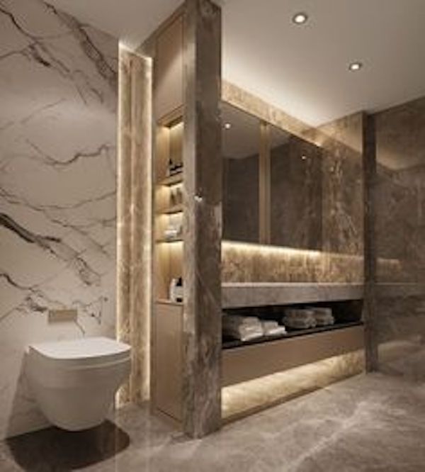 an elegant bathroom with marble walls and flooring, along with a white toilet in the center