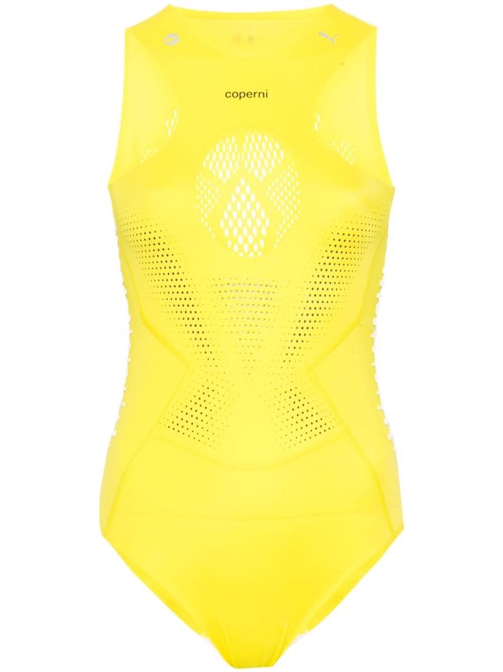 yellow stretch-design round neck sleeveless rubberised logos detail cut-out detailing perforated detailing rubber grips detail pull-on style Just a reminder that this piece must be tried on over your own garments. Chloe 2024, Chanel 2, City Dress, Iconic Bags, Just A Reminder, Demi Fine Jewelry, Summer Beach Wear, Flat Boots, Fine Earrings