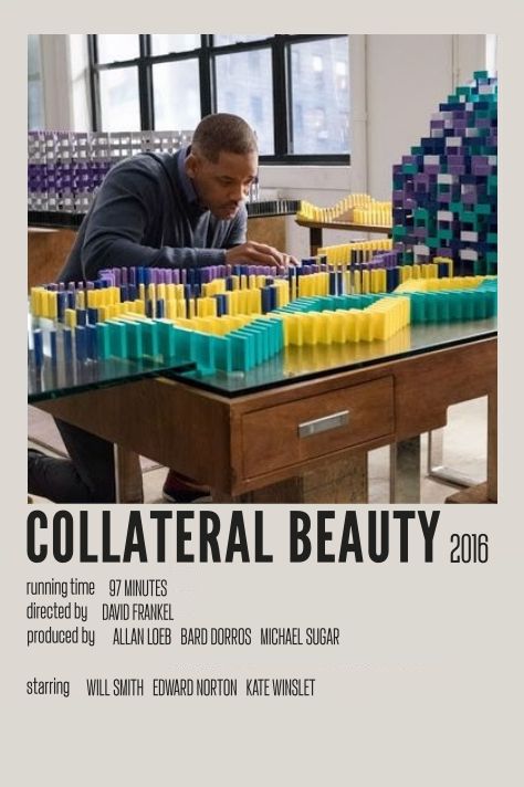 a man sitting at a table with lots of plastic bottles on it and the words collateal beauty in front of him