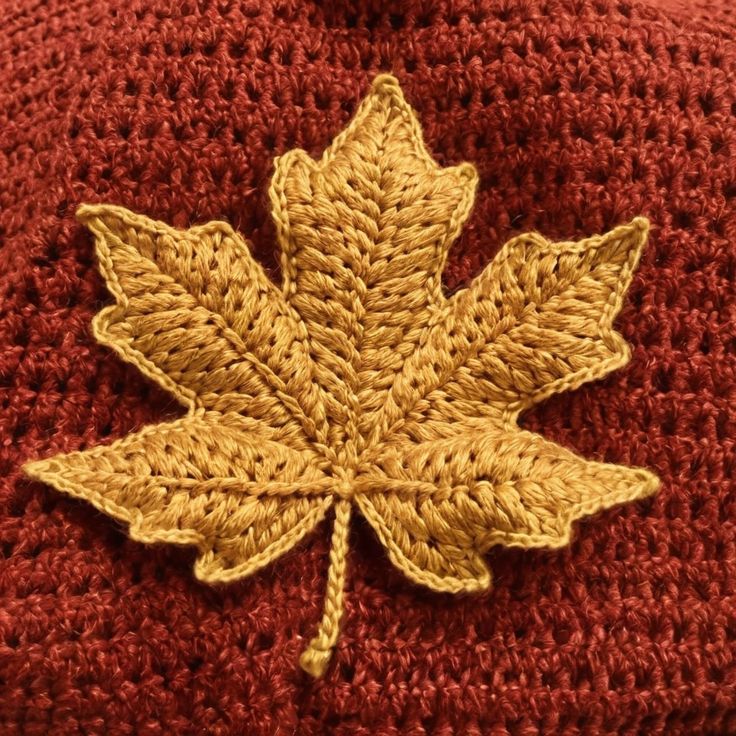 a crocheted hat with a leaf on it