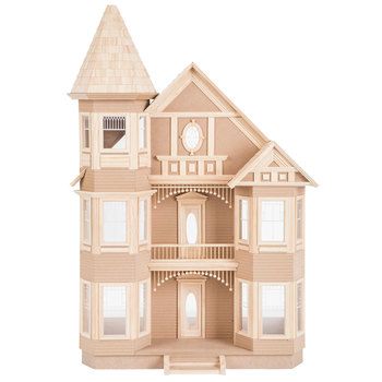 a wooden doll house is shown on a white background