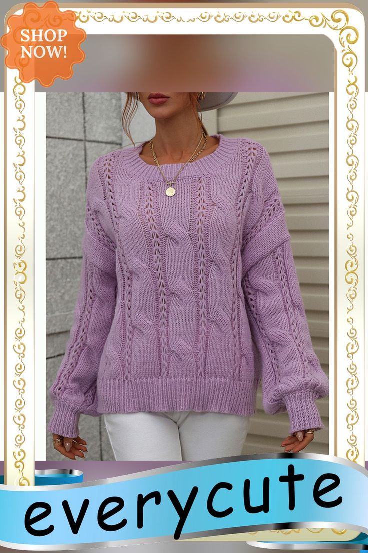 Purple Solid Knitted Cut Out Crew Neck Sweater Textured Knit Long Sleeve Pattern, Winter Long Sleeve Pointelle Knit Sweater, Casual Acrylic Cable Knit Sweater, Casual Cable Knit Pattern For Fall, Fall Crew Neck Soft Knit Pattern, Casual Fall Acrylic Knitting Pattern, Casual Knitting Pattern For Fall, Fall Soft Knit Crew Neck Knitting Pattern, Chunky Knit Acrylic Crew Neck Outerwear