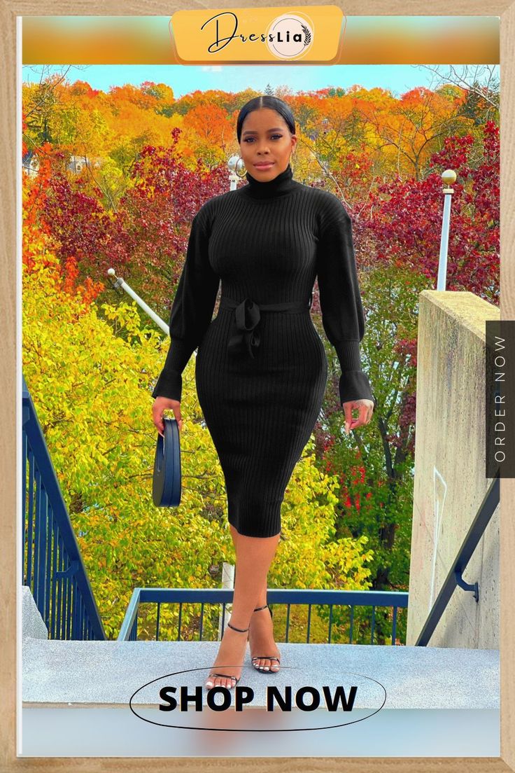 Black Knitted Long Sleeve Turtleneck Pullover Dress Elegant Long Sleeve Non-stretch Sweater Dress, Elegant Non-stretch Winter Sweater, Elegant Long Sleeve Knitted Sweater Dress, Elegant Party Sweater Dress, Fall Turtleneck Bodycon Sweater Dress, Fall Bodycon Turtleneck Sweater Dress, Elegant Fall Sweater For Night Out, Casual Fall Party Sweater Dress, Elegant Sweater For Night Out In Fall