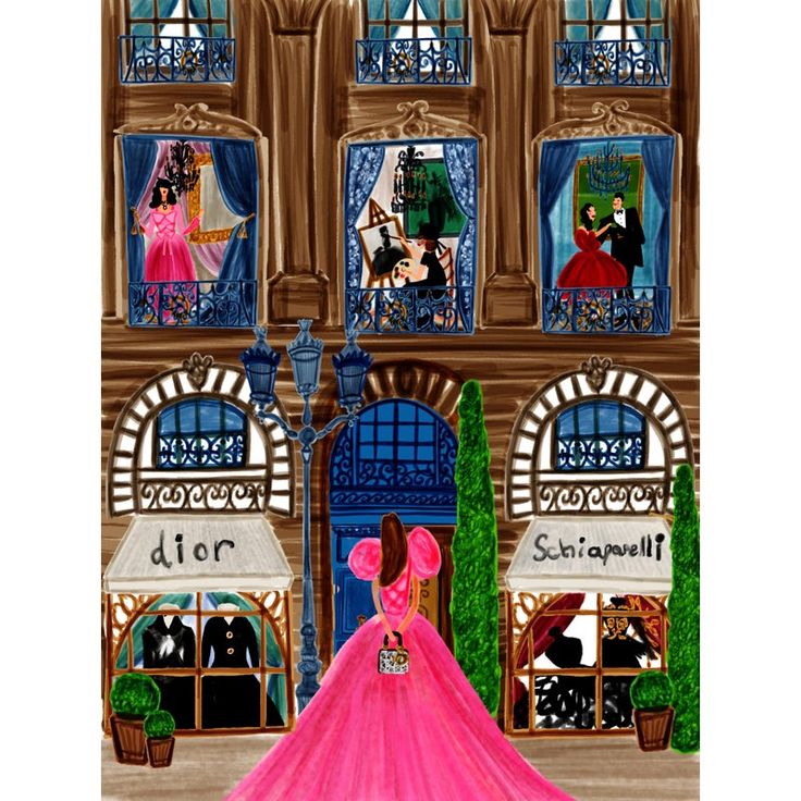 a painting of a woman in a pink dress standing next to a building with windows