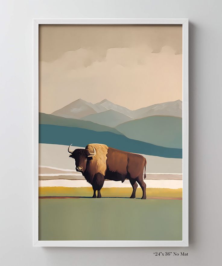 a painting of a bison standing in the middle of a field with mountains in the background