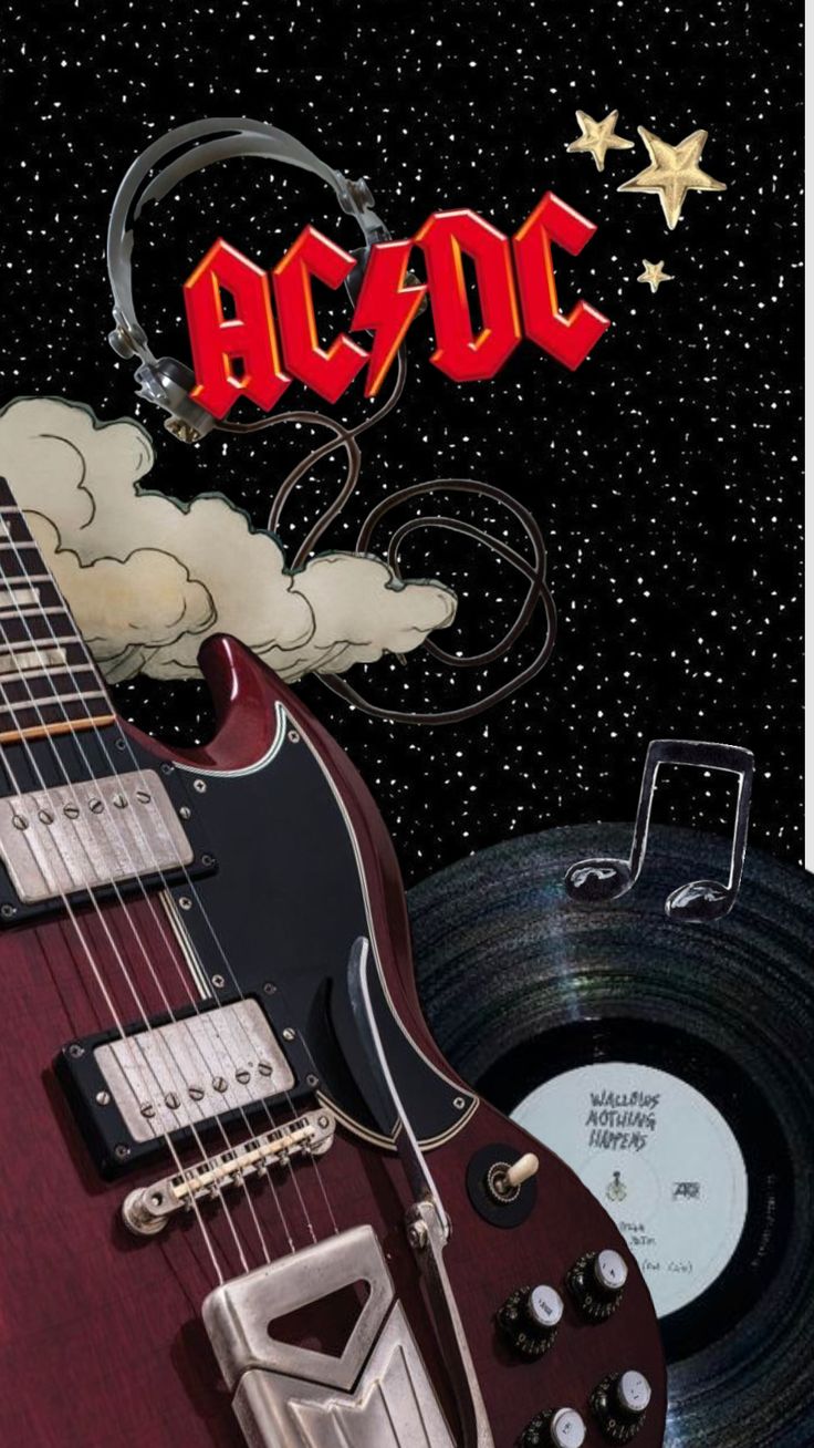 an electric guitar with the word ac dc on it's back and stars in the background