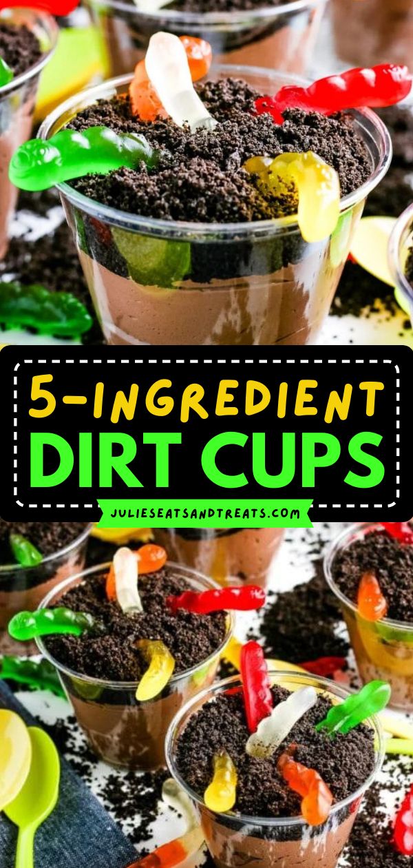 Need an easy dessert recipe for kids and adults? Learn how to make Dirt Cups! They're a simple sweet treat. Layered with chocolate pudding and topped with gummy worms, these Oreo dirt cups are so fun and cute! Dirt Pudding Recipes, Dirt Recipe, Dirt Cups Recipe, Easy Desserts For Kids, Dirt Dessert, Dirt Cake Recipes, Dirt Pudding, Halloween Deserts, Oreo Dirt