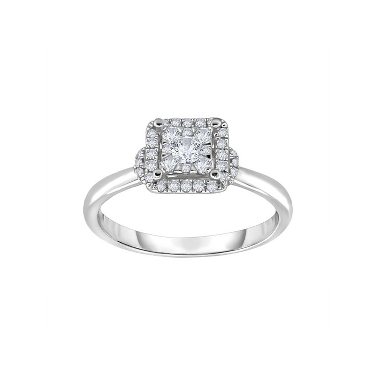 Beautifully adorned with shimmering, round-cut diamonds, this 14k white gold engagement ring showcases your unending love. Beautifully adorned with shimmering, round-cut diamonds, this 14k white gold engagement ring showcases your unending love. Size 7 Metal: 14k white gold Plating: rhodium Packaging: boxed Width: 3.1 mm Finish: polishedDIAMOND DETAILS Total weight: 5/8 ct. Color grade: H-I Clarity: I3 Shape: round Setting: bezel, prong Gemstones may have been treated to enhance their appearance Timeless Diamond White Cluster Ring For Proposal, Diamond Halo Ring For Anniversary, Asscher Cut, Anniversary Cluster Ring With Asscher Cut And Halo Setting, Anniversary Asscher Cut Cluster Ring With Halo Setting, Diamond White Princess Cut Rings For Proposal, Cushion Cut Brilliant Cluster Ring For Anniversary, Fine Jewelry Halo Ring With Diamond White Center Stone, White Gold Diamond Ring With Halo Setting For Anniversary, Cushion Cut Cluster Ring With Brilliant Cut For Anniversary