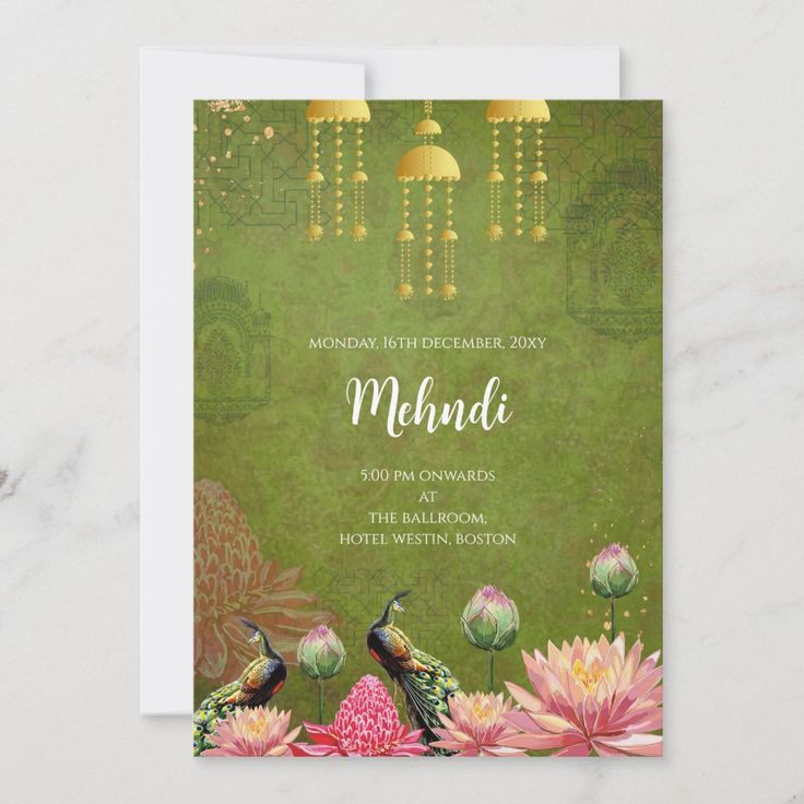 a green and pink wedding card with two hummings on the front, surrounded by flowers