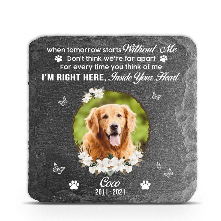 a stone coaster with a dog's photo on it and the words, when tomorrow starts