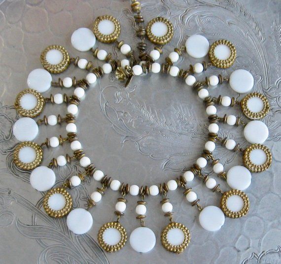 Bold Vintage Signed Miriam Haskell Springy Memory Wire Bib Collar Necklace Mod White Milk Glass Bead Vintage Gold Necklace With Bead Caps, Vintage Necklace With Bead Caps And Round Beads, Vintage Necklaces With Round Beads And Bead Caps, Vintage Necklaces With Bead Caps And Round Beads, Vintage Beaded Necklace With Bead Caps, Vintage Jewelry With Bead Caps And Round Beads, Vintage Round Beaded Chain Jewelry, Vintage Beaded Chain Jewelry, Vintage Round Spacer Beads Jewelry