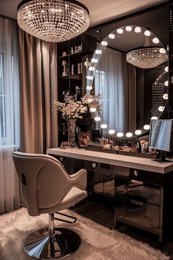 a dressing table with a mirror and lights on it