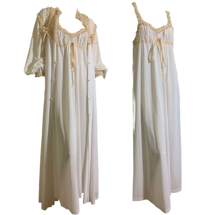 1970s Porcelain White Nylon Nightgown With Empire Waist, Bow And Ivory Lace- Lace Straps. Matching Long Sleeved Robe With Bows And Lace, Elastic Cuffs. Straps Are Quite Long (Perhaps Elastic Stretched?) But Leaving As Is So They Can Easily Be Shortened By Tucking And Tack Stitching. By Formfit Rogers, Size M. No Flaws. Measures Gown- 38" Bust, 40" Waist, 54" Hips, 57" Long Robe- 40" Bust, 50" Waist, 58" Hips, 57" Long, 24" Sleeves Victorian Night Robe, 19th Century Nightgown, Empire Waist Nightgown, 1800s Sleepwear, 1970s Nightgown, 50s Nightgown, White Robes, Outfit Info, Nightgown And Robe