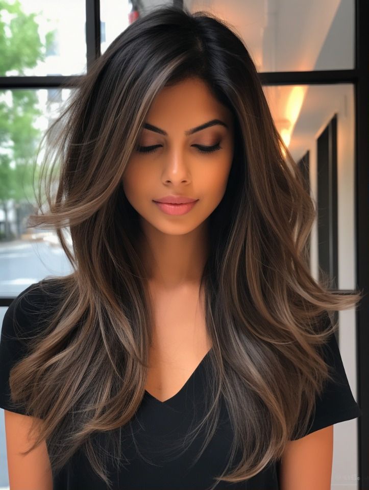 Dimensional Brunette Black Hair, Side Part And Curtain Bangs, Dark Features Hair Color, Biolage Hair Brown, Summer Haircuts 2024 Long, Dramatic Layers Medium Hair, Winter Hairstyles Black Women, Indian Balayage Dark Hair, Dark Summer Hair