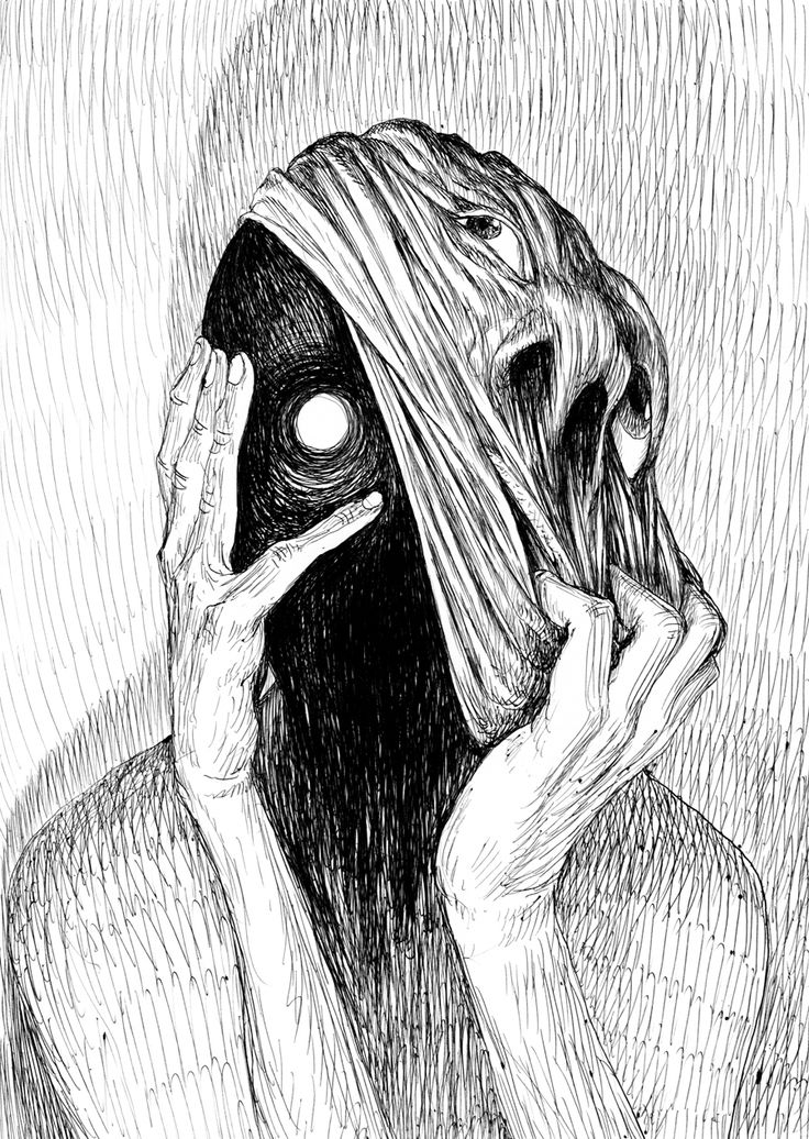 a black and white drawing of a person covering their face with a cloth over his head