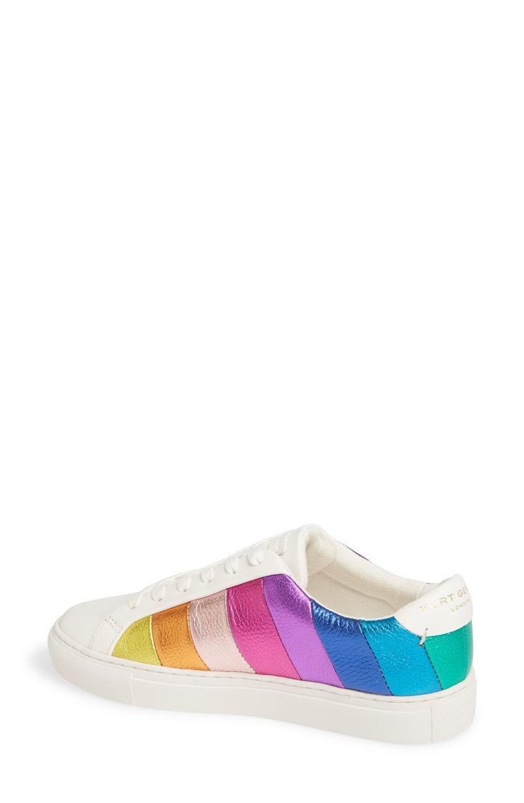 Metallic stripes pop on a smooth leather sneaker that delivers suave street style. Style Name:Kurt Geiger London Rainbow Shop Lane Rainbow Sneaker (Women). Style Number: 5856976. Available in stores. Trendy Multicolor Sneakers With Vulcanized Sole, Multicolor Leather Sneakers With Vulcanized Sole, Multicolor Low-top Studded Sneakers, Multicolor Studded Low-top Sneakers, Trendy Rainbow Low-top Sneakers, Rainbow Colored Sneakers With Rubber Sole For Spring, Spring Rainbow Sneakers With Rubber Sole, Rainbow Low-top Synthetic Sneakers, Multicolor Lace-up Sneakers With Removable Insole