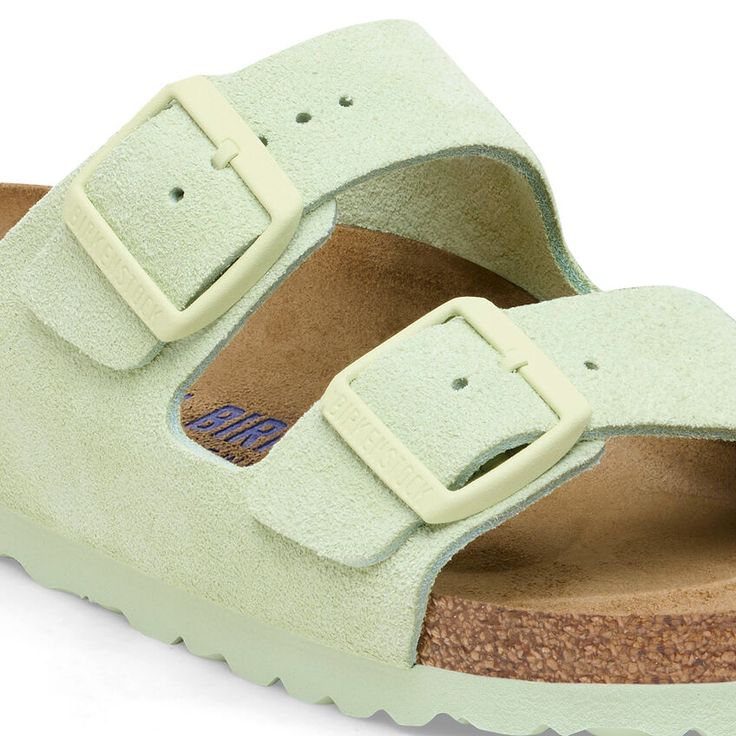 Arizona Soft Footbed Suede Leather Comfortable Suede Footbed Sandals For Spring, Green Suede Sandals With Leather Footbed, Classic Suede Sandals For Spring, Green Leather Slides With Cushioned Footbed, Comfortable Suede Sandals With Leather Footbed, Green Suede Sandals With Removable Insole, Comfortable Suede Footbed Sandals With Round Toe, Comfortable Suede Footbed Sandals With Arch Support, Casual Footbed Sandals With Suede Lining And Round Toe