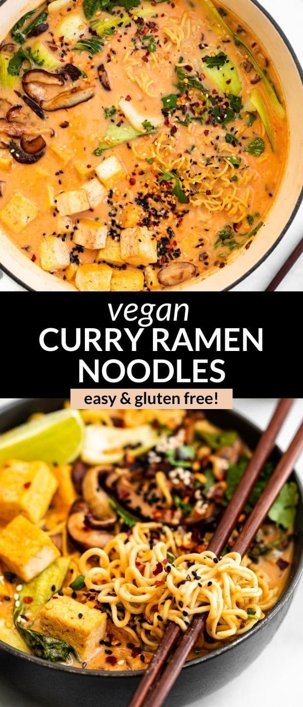 vegan curry ramen noodle soup in a bowl with chopsticks