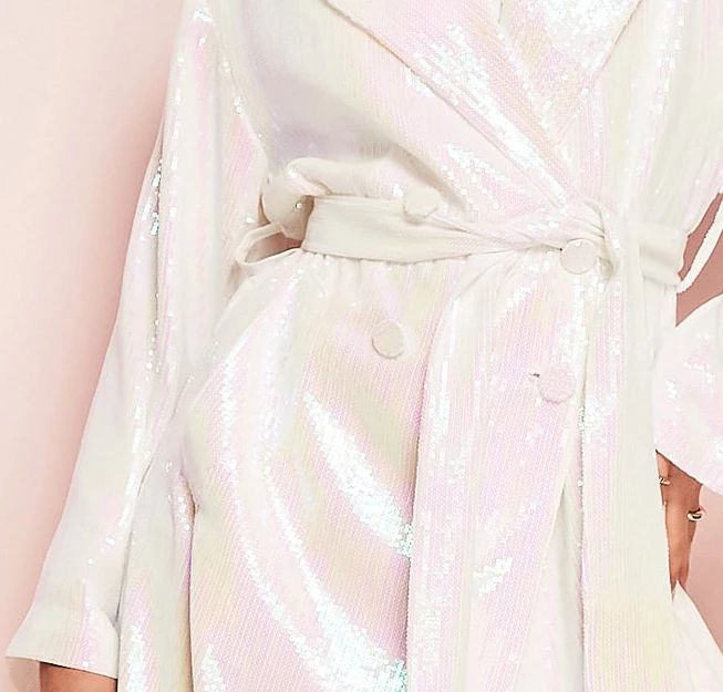 ASOS LUXE wrap trench coat in white sequin | ASOS White Sequined Outerwear For Party, Sequined Long Sleeve Summer Outerwear, Chic Collared Party Outerwear, Summer Sequined Long Sleeve Outerwear, Chic Collared Outerwear For Party, Collared Outerwear For Night Out In Spring, Spring Collared Outerwear For Night Out, Glamorous White Outerwear For Fall, Glamorous White Fall Outerwear