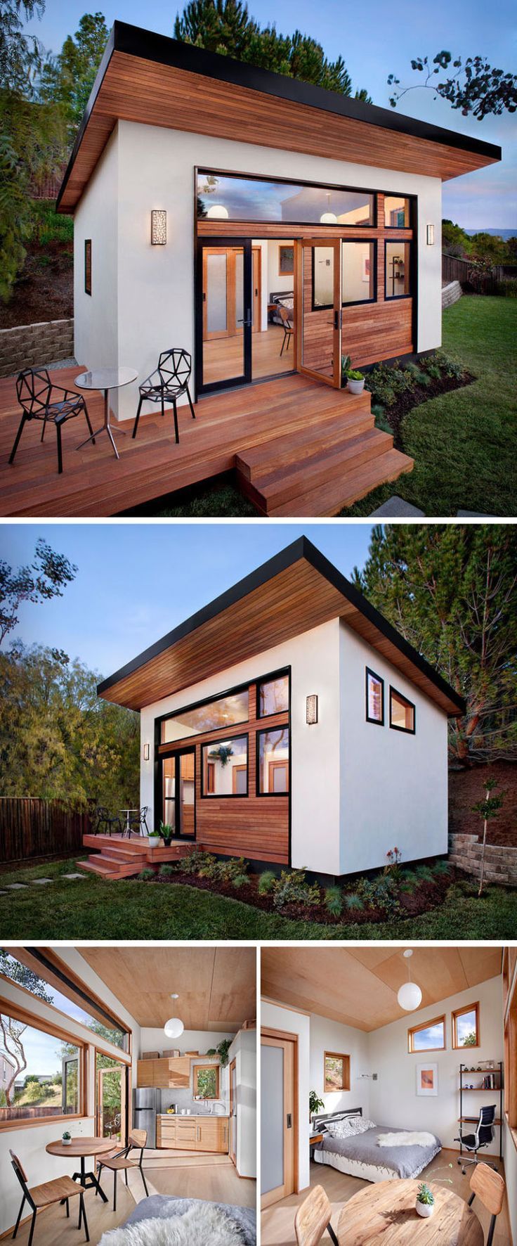 three pictures of a small house with windows