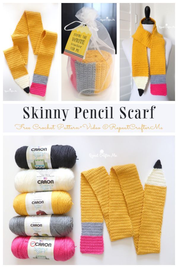 Quick Skinny Pencil Scarf Free Crochet Patterns + Video Pencil Scarf Knitting Pattern, Crochet Pencil Scarf Pattern Free, Crochet Pencil Scarf, Pencil Scarf Crochet Pattern, Crochet Gift Ideas For Teachers, Crochet Gifts For Teachers Free Pattern, Quick Crochet Gifts For Kids, Back To School Crochet Patterns, Crochet Mom Gift