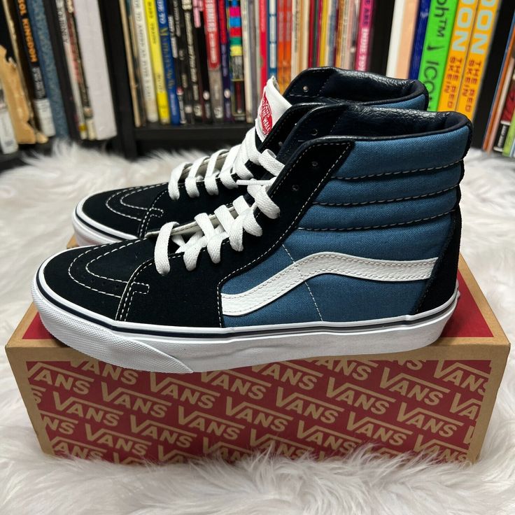 "Brand New" Vans Sk8-Hi Sneakers Style: Vn000d5invy Color: Black / Navy Navy High-top Skate Shoes With Rubber Sole, Navy Low-top Casual Skate Shoes, Casual Navy Low-top Skate Shoes, Sporty Navy Sneakers For Skateboarding, Navy Low-top Vans Skate Shoes, Navy High-top Sneakers With Laces, Casual Blue High-top Sneakers For Skateboarding, Sporty Navy Canvas Shoes For Streetwear, Navy Lace-up Casual Skate Shoes