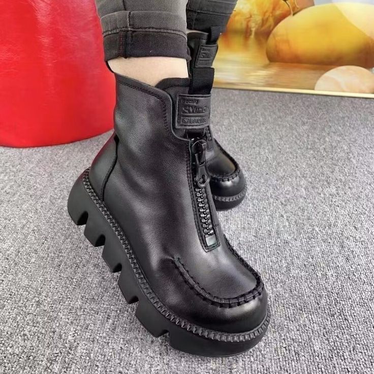 Style: Casual Item: Boots Material: PU Toe: Round Toe Closure Type: Zipper Heels: Low Heel Fall High-top Martin Boots With Zipper Closure, High-top Martin Boots With Zipper Closure For Fall, Trendy Boots With Side Zipper And Round Toe, Flat Heel Boots With Zipper For Fall, Flat Heel Boots With Zipper Closure For Fall, Winter Leather Martin Boots With Zipper Closure, Winter Leather Martin Boots With Zipper, High Ankle Martin Boots With Zipper For Winter, Fall High-top Moto Boots With Zipper Closure