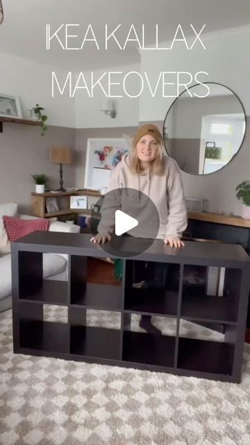 a woman standing in front of a black table with mirrors on it and the words ikea kallax makeovers