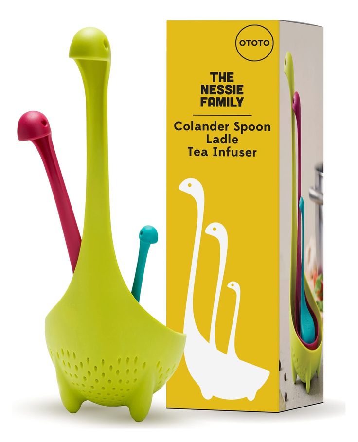 the nestle family colander spoon and tea strainer is green with pink handles