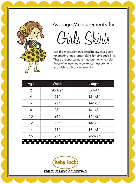 the measurements for girls'skirts are shown in yellow and black, with polka dots