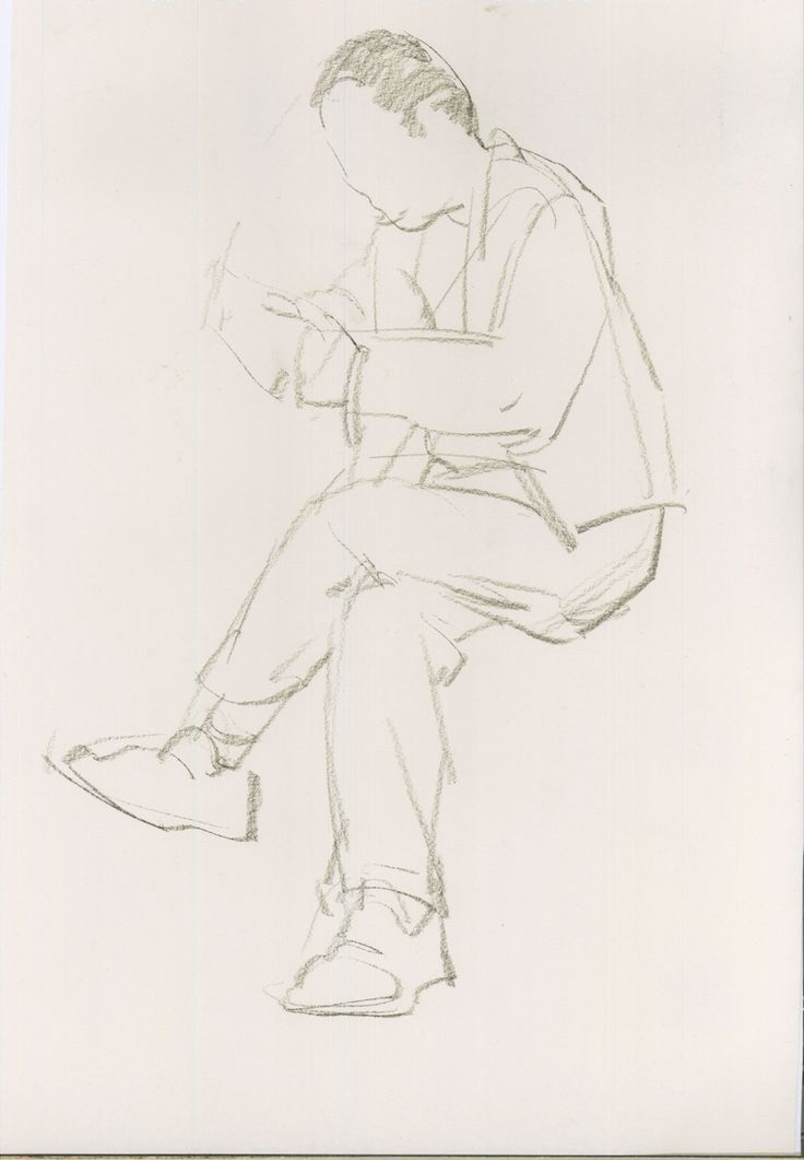 a drawing of a man sitting down and looking at his cell phone