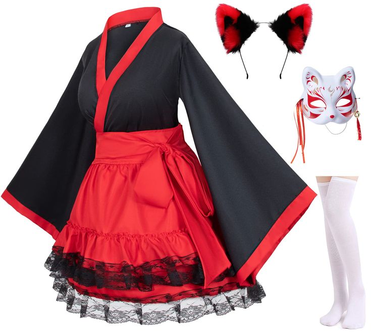 PRICES MAY VARY. Made of cotton blend, polyester, Kimono top *1,Skirt with belt*1,Fox costume hairband *1, Necktie with bell*1 , Over the knee high white sock*1 Kimono top *1,Skirt with belt*1,Fox costume hairband *1, Necktie with bell*1 , Over the knee high white sock*1 This set is classic Japanese anime kimono kitsune fox cosplay costume. Suit for: Daily casual wear,fun as birthday or holiday gifts,Halloween party uniforms, Mother's day gift,gothic lolita costume, christmas(Xmas) holidays,birt Red And White Kimono, White Kimono Dress, Kimono And Dress, Fox Cosplay, Anime Uniform, Fox Costume, Dress Websites, Kitsune Fox, Traditional Japanese Kimono