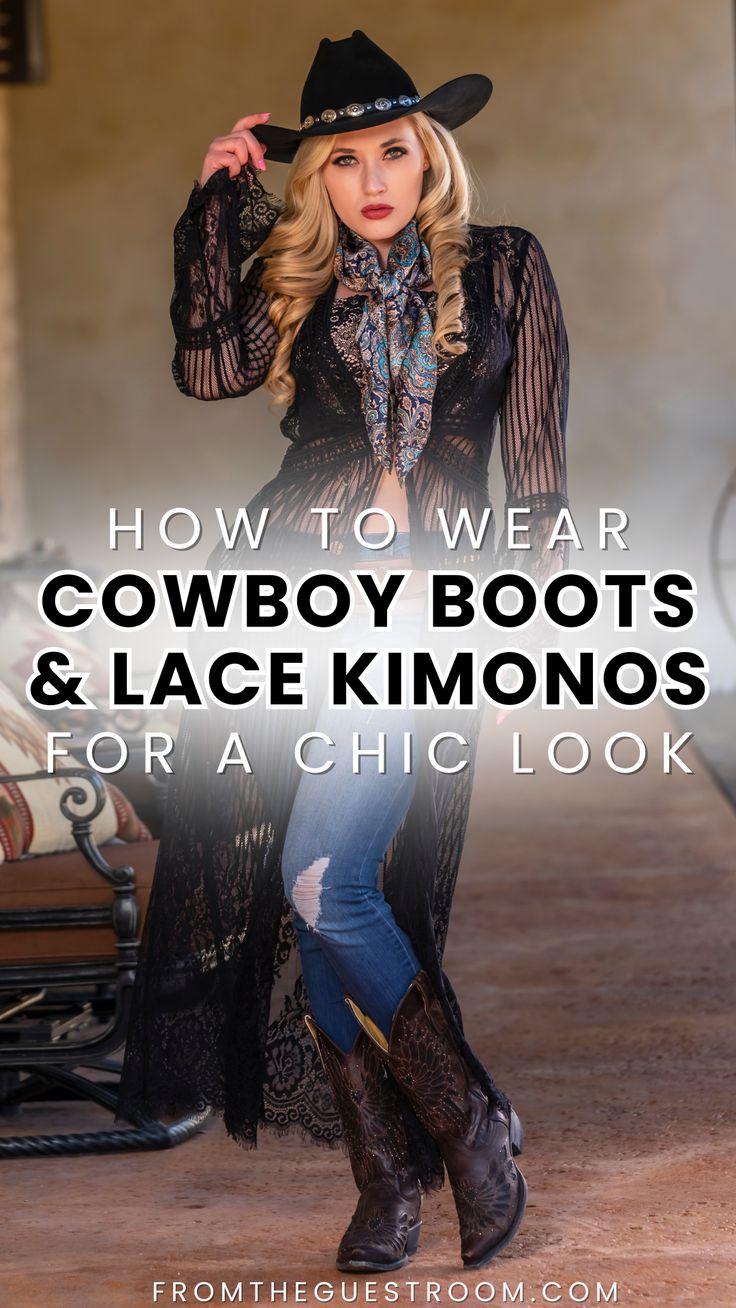 a woman wears cowboy boots and lace kimono, western outfits Kimono And Cowboy Boots Outfit, Outfits With Red Cowboy Boots, Western Boots Outfit Fall, Black Lace Kimono Outfit, Cowboy Boots Summer Outfit, Cowboy Boot Fashion, Latina Cowgirl Outfits, Boots Outfit Street Style, Lace Kimono Outfit