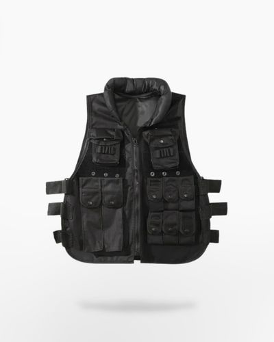 Military Vest With Multiple Pockets For Winter, Black Nylon Utility Vest, Sleeveless Black Outerwear With Cargo Pockets, Utility Black Nylon Vest, Military Streetwear Vest With Pockets, Military Style Vest With Pockets For Streetwear, Black Military Vest For Outdoor Activities, Military Vest With Pockets For Streetwear, Military Style Sleeveless Vest For Streetwear