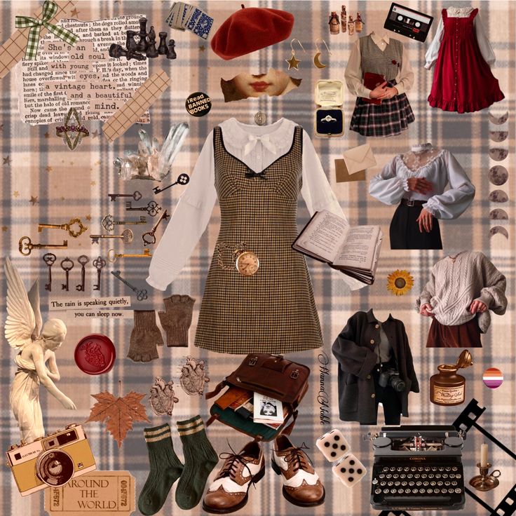 a collage of clothing and accessories including shoes, hats, scarves, keys, an old typewriter