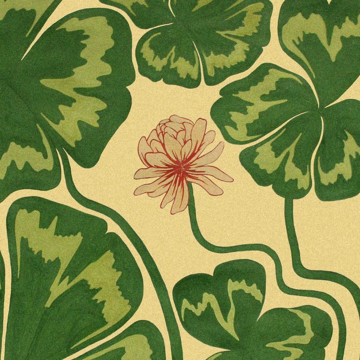 a painting of green leaves and a flower on a white background with red center in the middle