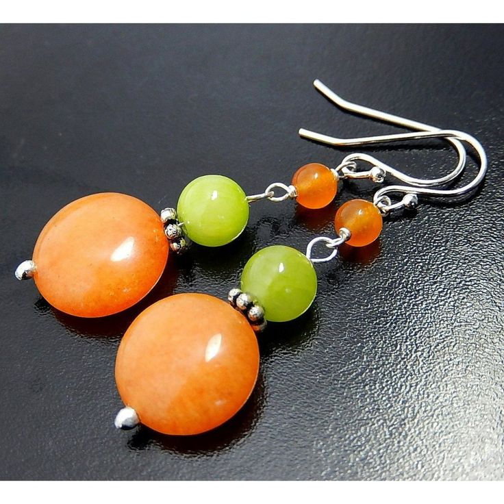 The Bright Orange Earrings Are Composed Of Orange Quartzite And Lime Green Quartz . The Beads Have Been Wire Wrapped With Sterling Silver Wire And Handmade Sterling Silver Head Pins. The Earrings Dangle 1.25 Inches From The Ear And Have Sterling Silver French Ear Wires. Orange Quartz, Blue Gemstone Earrings, Interchangeable Earrings, Elephant Earrings, Bridal Earrings Drop, Orange Earrings, Pumpkin Earrings, Earring Ideas, Beaded Drop Earrings