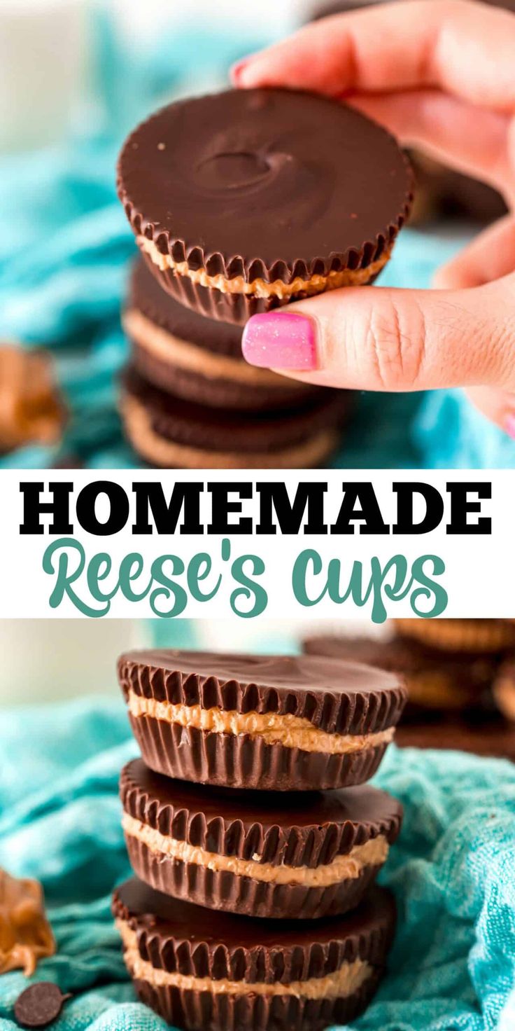 homemade reese's cups are stacked on top of each other with chocolate in the middle