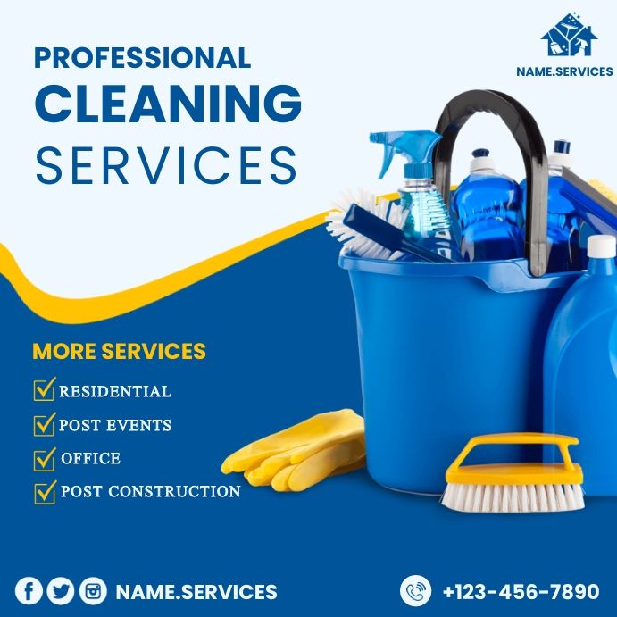 professional cleaning services advertise with blue bucket and mop, yellow gloves and broom